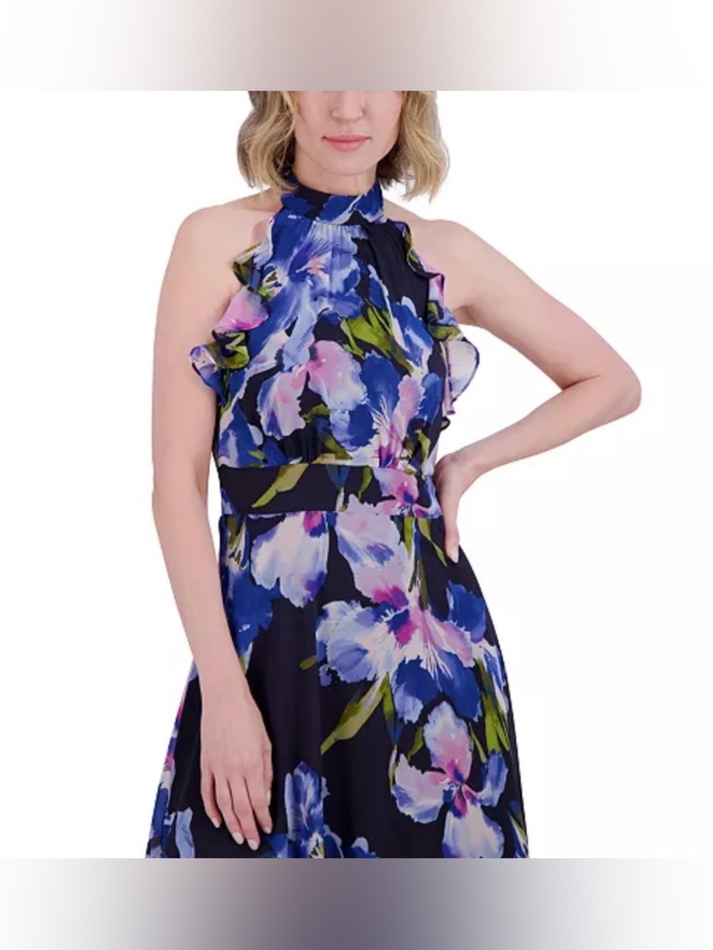 Eliza J Floral Chiffon Halter Maxi Dress Ruffle Neck Navy Multi Size 4 - Picture 6 of 13